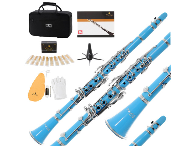 Ebonite Bb Clarinet Kit for Beginner - Light Blue B Flat Clarinet Kit with 10 Reeds, Mouthpiece, Cork Grease, Hard Case, Stand, Pocketbook,...