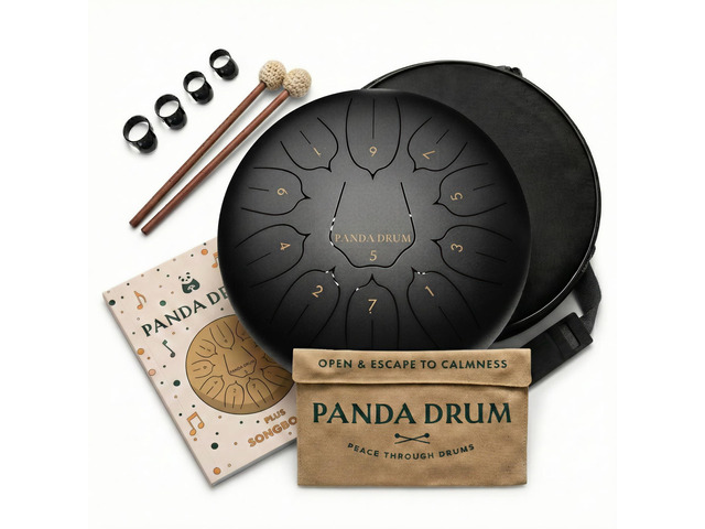 Plus (Black) Steel Tongue Handpan with Music Book, Mallets, Carrying Bag & Finger Picks 11 inch, 432 Hz Rain Drum for Inside & Outside ...