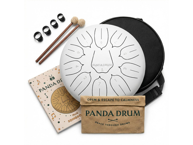 Plus (White) Steel Tongue Handpan with Music Book, Mallets, Carrying Bag & Finger Picks 11 inch, 432 Hz Rain Drum for Inside & Outside ...
