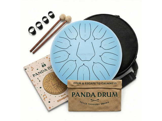 Plus (Blue) Steel Tongue Handpan with Music Book, Mallets, Carrying Bag & Finger Picks 11 inch, 432 Hz Rain Drum for Inside & Outside ...
