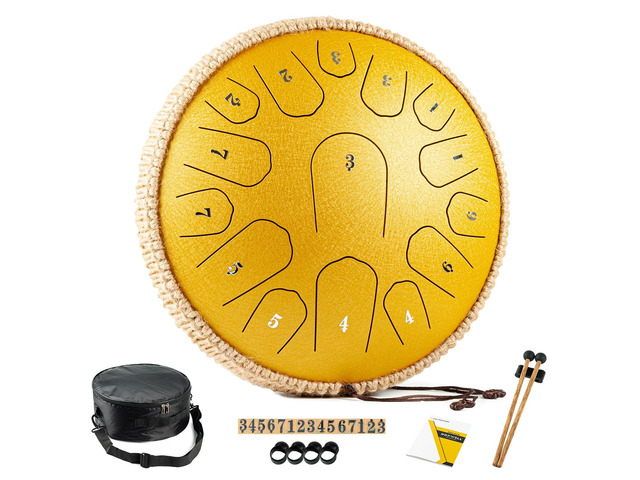 Steel Tongue Drum - 13 Inches 15 Notes Tongue Drum - Hand Pan Drum with Music Book, Drums Mallets and Carry Bag, D Major (Yellow)