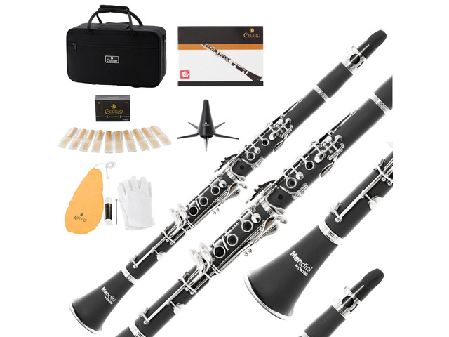 Ebonite Bb Clarinet Kit for Beginner - Black B Flat Clarinet Kit with 10 Reeds, Mouthpiece, Cork Grease, Hard Case, Stand, Pocketbook, Cleaning...