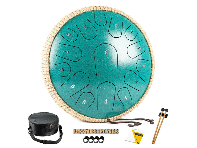 Steel Tongue Drum - 13 Inches 15 Notes Tongue Drum - Hand Pan Drum with Music Book, Handpan Drums Mallets and Carry Bag, D Major (Malachite Green)