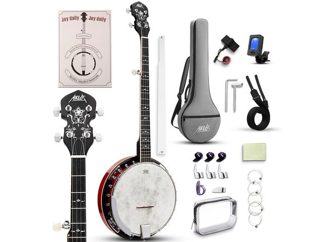 Full-Sized Banjo Set: 38 5 String Banjo with Remo Head, Removable Resonator, Geared 5th Tuner, 24 Brackets, Deluxe Beginner Kit with Gig Bag,...