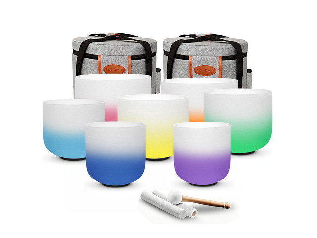 432Hz 6'-12' Gradient Design Crystal Singing Bowl Set of 7 Quartz Sound Bowls for Chakra Balancing, Meditation, Sound Bath, Yoga, Reiki & Sound...