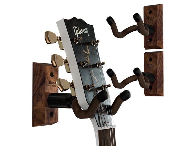 Guitar Wall Mount 3 Pack, Hangers, Holder Hook for Wall, Fits All Size Acoustic, Electric, Bass - Black Walnut Hardwood, Made in USA