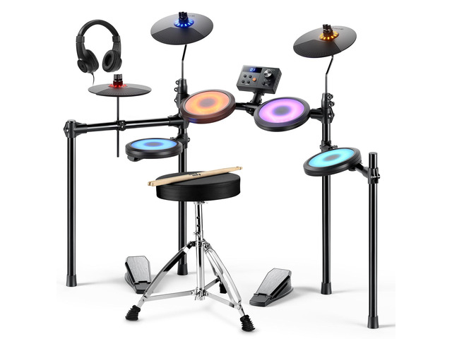 DED-70L Electronic Drum Set with LED Light Up Quiet Mesh Drum Pads & 9' Cymbals, 150 Sounds, 15 Drum Kits, USB MIDI, Type-C Charging, 2 Pedal,...