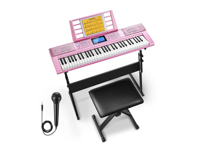 61 Key Keyboard Piano, Electric Piano Keyboard Kit with 249 Voices, 249 Rhythms - Includes Piano Stand, Stool, Microphone, Gift for Beginners, Pink...