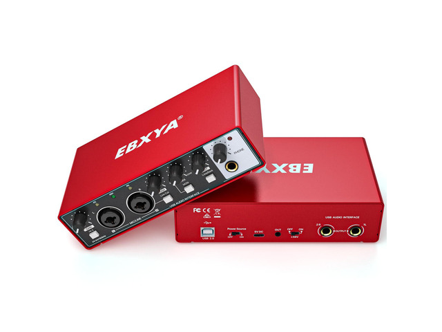 2x2 Audio Interface - 24-bit/192kHz USB Recording Sound Card 48V Phantom Power, for PC and Mac, Studio, Guitar, Podcast, Streaming(Metallic Red)
