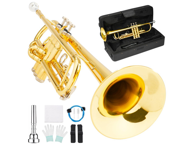 Bb Standard Trumpet Set for Beginner, Brass Student Trumpet with Carrying Case, Care Kit, Valve Oil, Cloth, 7C Mouthpiece & Gloves Gold