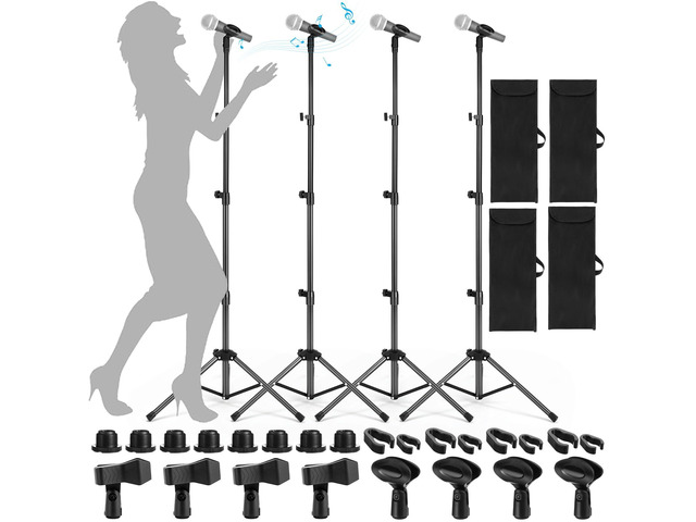 4 Pcs Tripod Microphone Stand Boom Arm Floor Mic Stand with Carrying Bag and Mic Clips for Singing Stage Wedding Karaoke Church (Vertical Style)
