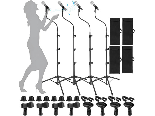 4 Pcs Tripod Microphone Stand Boom Arm Floor Mic Stand with Carrying Bag and Mic Clips for Singing Stage Wedding Karaoke Church (Flexible Style)