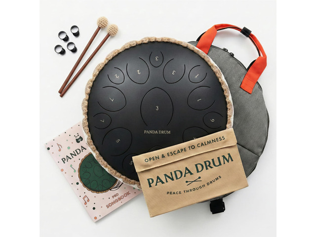Pro (Black) Steel Tongue Handpan with Music Book, Mallets, Carrying Bag & Finger Picks 15 inch, 432 Hz Rain Drum for Inside & Outside ...