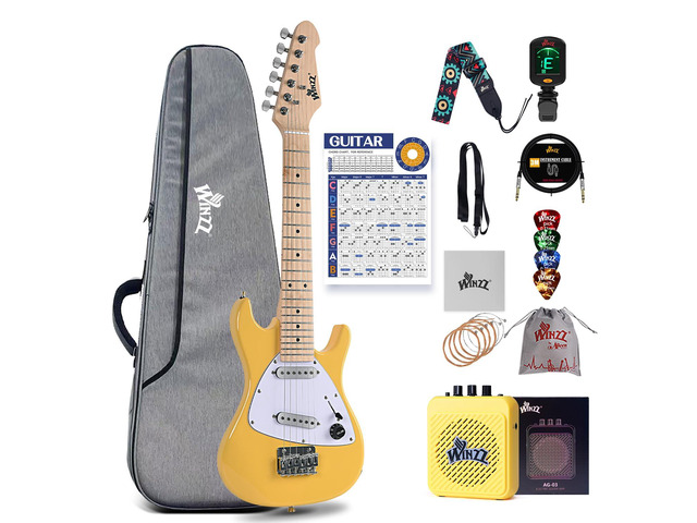 30 Inch Kids Electric Guitar Beginner Kit, Junior 1/4 Size Mini Electric Guitar for Children Complete Stater Set with Amp, Gloosy Yellow Colour
