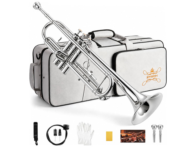 Bb Standard Trumpet Set for Beginners Student Brass Trumpet Instrument with Hard Case, Cleaning Kit, 7C & 3C Mouthpieces, Gloves STR-130S, Silver