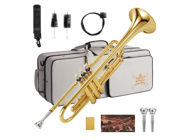 Bb Standard Trumpet Set for Beginners Student Brass Trumpet Instrument with Hard Case, Cleaning Kit, 7C & 3C Mouthpieces, Gloves STR-130G, Gold