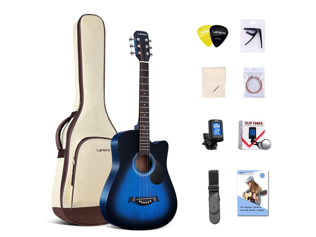 38 inch Guitar Blue Acoustic Guitar Beginner kit Adult Cutaway Acoustic Guitar Guitarras Starter Set Bundle with Padded Gig Bag, Strap, Capo,...