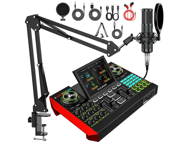 Podcast Microphone Bundle with Live Sound Board Audio Mixer, Podcast Equipment Bundle with 3.5mm Boom Mic(P15) for Pc/Phone Live Streaming Singing...