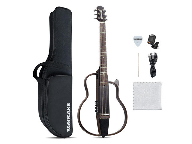 Acoustic Electric Travel Guitar, Portable Practice Silent Guitar with Preamp System, EQ/Reverb/Chorus, Solid Mahogany Body, Adult & Beginner Bundle...