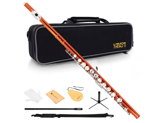 Orange C Flute Closed Hole 16 Keys Flute Nickel-Plated for Beginner, Student and Professionals with Carrying case, Metal stand, Gloves, Tuning Rod,...