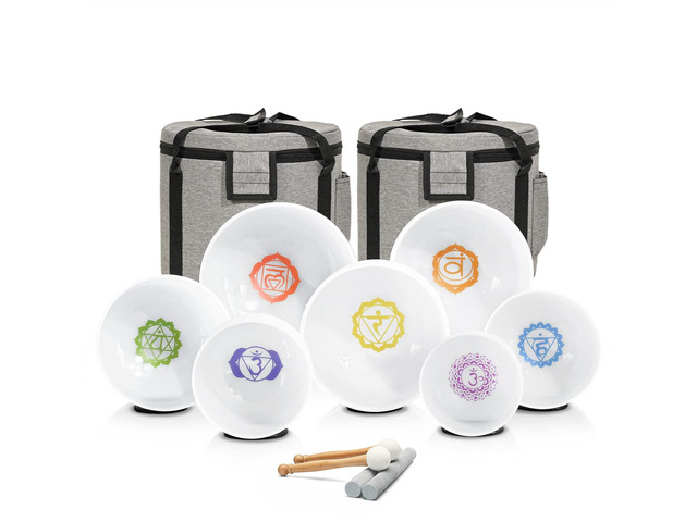 Crystal Singing Bowl Frosted 432HZ 7-12 Inch Chakra Symbol Design Frosted Quartz White Chakra Symbol Singing Bowls with 2 PCS Travel Carry Case...