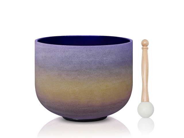 440HZ 8 Inch Rainbow Colored A Note Third-Eye Chakra Frosted Quartz Crystal Singing Bowl for Sound Healing and Meditation