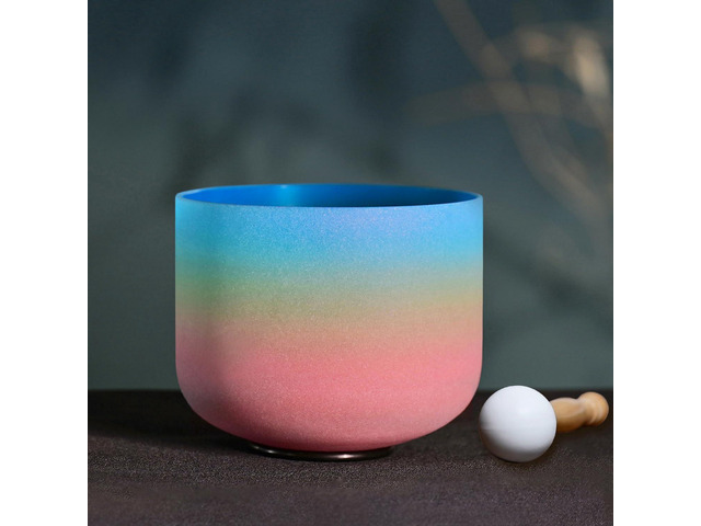 440HZ 8 Inch Rainbow Colored G Note Throat Chakra Frosted Quartz Crystal Singing Bowl for Sound Healing and Meditation