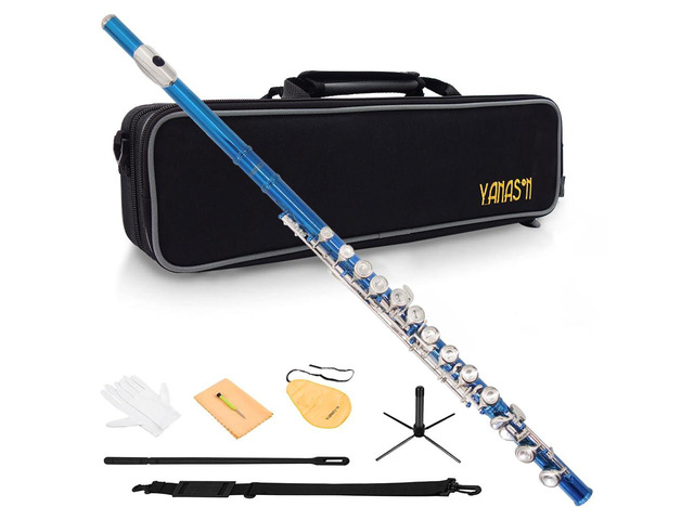 Blue C Flute Closed Hole 16 Keys Flute Nickel-Plated for Beginner, Student and Professionals with Carrying case, Metal stand, Gloves, Tuning Rod,...