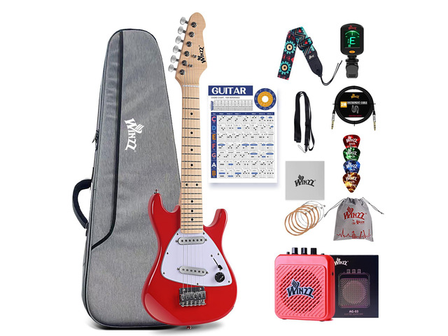30 Inch Kids Electric Guitar Beginner Kit, Junior 1/4 Size Mini Electric Guitar for Children Complete Stater Set with Amp, Gloosy Red Colour