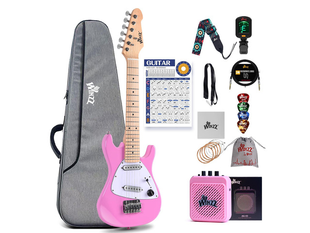 30 Inch Kids Electric Guitar Beginner Kit, Junior 1/4 Size Mini Electric Guitar for Children Complete Stater Set with Amp, Gloosy Pink Colour