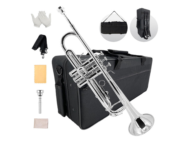 Bb Standard Trumpet Set for Beginners or students with Carrying Hard Case, 7C Mouthpiece, Cleaning Cloth and Gloves
