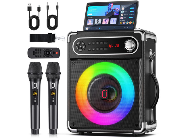 Karaoke Machine, 2 Wireless Microphones, Portable Bluetooth 5.3 PA Speaker with Disco Lights, Smart TV Compatible, Upgraded Subwoofer, Bass Boost &...