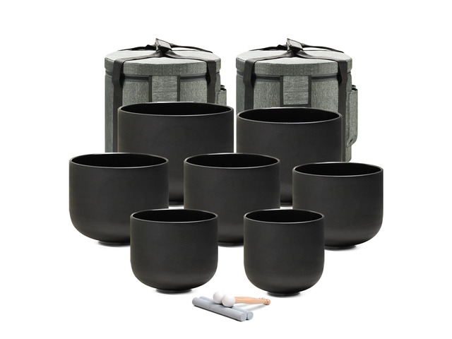 Crystal Singing bowl Set of 7 for Sound Healing Black 440HZ 6-12 Frosted Black Chakra Quartz Set, Sound Meditation,Mindfulness,Relaxation, with 2...