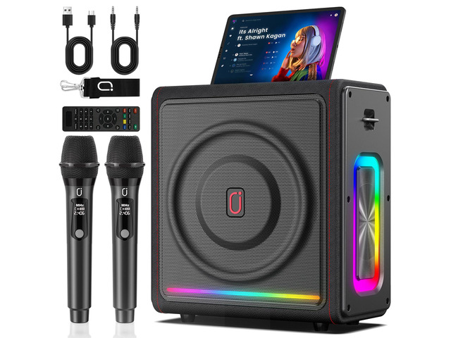 Karaoke Machine for Adults with 2 Wireless Microphones, 300W Retro Leather Bluetooth Speaker with Bass/Treble/Echo Adjustment, PA System with Pitch...