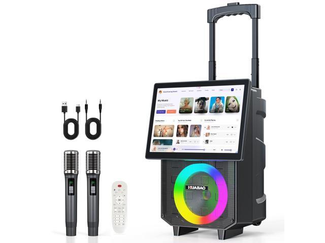 Karaoke Machine with 14.1' Rotatable HD Screen & Handle & Wheels, Portable Bluetooth Speaker with Lyrics Display, Wireless Screen Mirroring, 11...