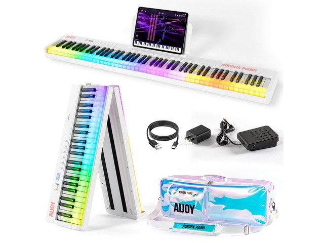 88 Keys Foldable Piano Keyboard with Colorful Lighted Keys Piano Full Size Semi-Weighted Portable Keyboard Piano with USB-MIDI, Speakers, Sustain...