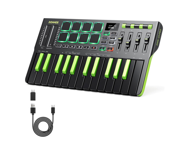 DMK25 Pro MIDI Keyboard Controller, 25 Mini Key Portable USB-C MIDI Controller with 8 Drum Pads, OLED Display, Personalized Touch Bar, Music...