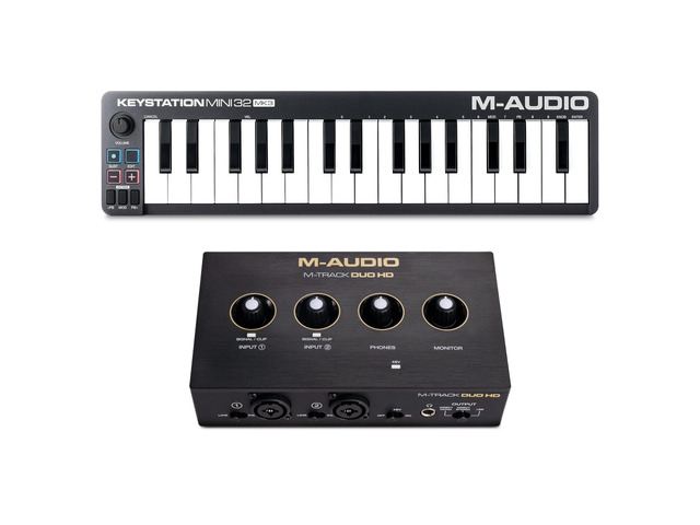 Keystation Mini 32 MK3 MIDI Controller Bundle with M-Track Duo HD Audio Interface for Studio Recording, Music Production, Podcasting, Streaming