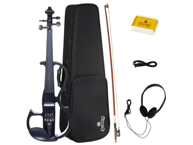 Silent Electric Solid Wood Violin Kit with Ebony Fittings, Full Size 4/4 Electric Violin for Beginner and Professional Musicians, Black Metallic
