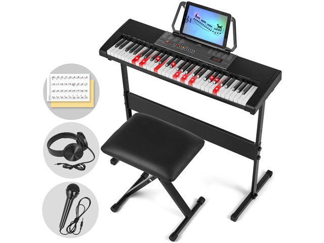 61 Key Piano Keyboard, Electric Piano Keyboard with Lighted Up Keys Learning Keyboards Piano for Beginners With Piano Stand, LCD Screen,...