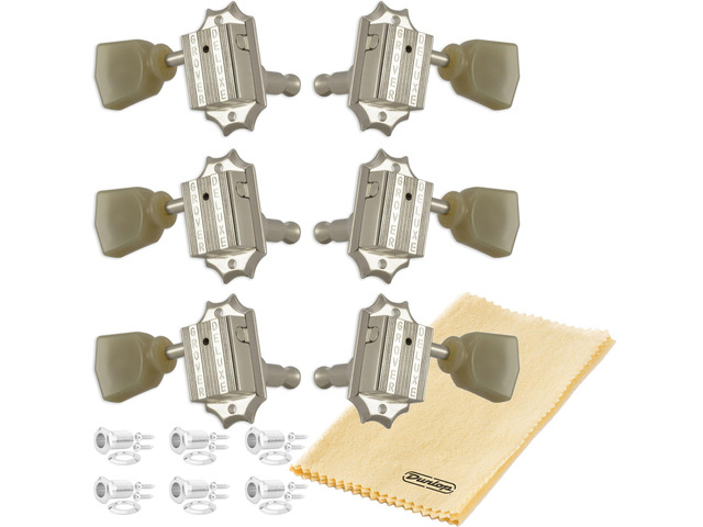 Grover 135N Deluxe Vintage Guitar Tuning Machines Tuner Keys Nickel Set 3+3 14:1 Ratio 'Green Key' Keystone Button with Dunlop Polish Cloth Bundle...