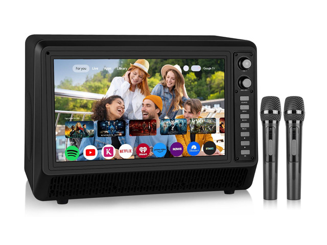15.6 inch Smart Karaoke Machine for Adults with Lyrics Display, 200W Peak Power,Bluetooth Karaoke Speaker with 2 Microphones,Supports HDMI/USB/AUX...