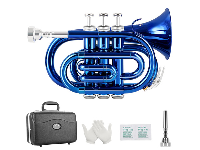 Pocket Trumpet Brass Bb Trumpet with 7C Mouthpiece, Hard Case, Strap, Gloves, Cleaning Kit for Students Beginners(Blue)