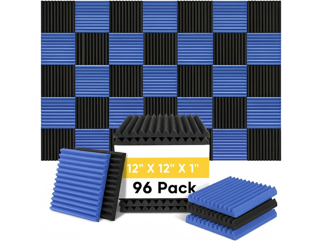 96 Pack Black/BLUE 12 'X 12 'X1' Acoustic Panels Studio Soundproofing Foam Wedge Tiles(Accompanied By Double-Sided Adhesive Tape)