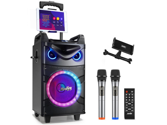 Karaoke Machine, 10' Woofer Portable PA System, Bluetooth Speaker with 2 Wireless Microphones, Lyrics Display Tablet Holder, Party Lights &...