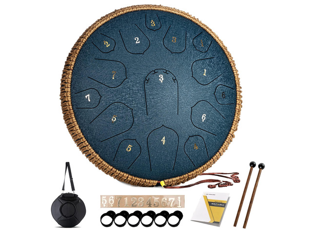Steel Tongue Drum - 14 Inch 15 Note Tongue Drum - Hand Pan Drum with Music Book, Handpan Drums Mallets and Carry Bag, D Major (Navy Blue)