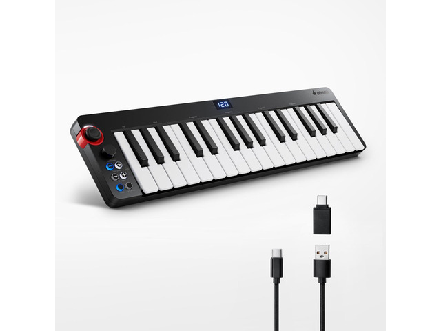 N-32 MIDI Keyboard, Small USB MIDI Controller with 32 Velocity-Sensitive Keys, Screen, Sequencer, Chord, Bend Sound Effects by Light-up Joystick,...