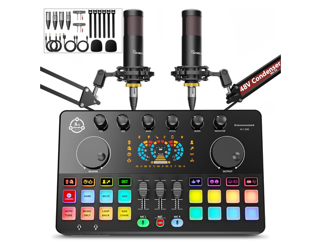 Podcast Equipment Bundle for 2, Audio Interface DJ Mixer with 48V XLR Condenser Microphone, RGB,Voice Change, for Streaming, Podcast...