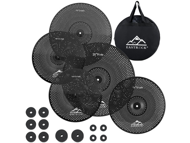 5 Pieces Low Volume Cymbal Pack with Cymbal Bag and Felts,Black Cymbals for Drum Set (14'Hi-hat+16'Crash+18'Crash+20'Ride)