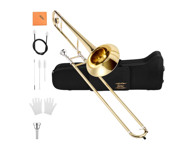 Bb Tenor Slide Trombone for Beginners Students, B Flat Brass Plated Trombone Instrument with Mouthpiece, White Gloves, Cleaning Kit, ETB-330, Golden
